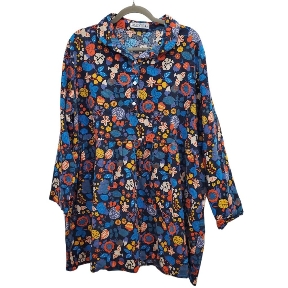 Today Plus Vintage Navy Retro Print 70s Long Sleeve 1/4 Button Hippie Tunic 5XL